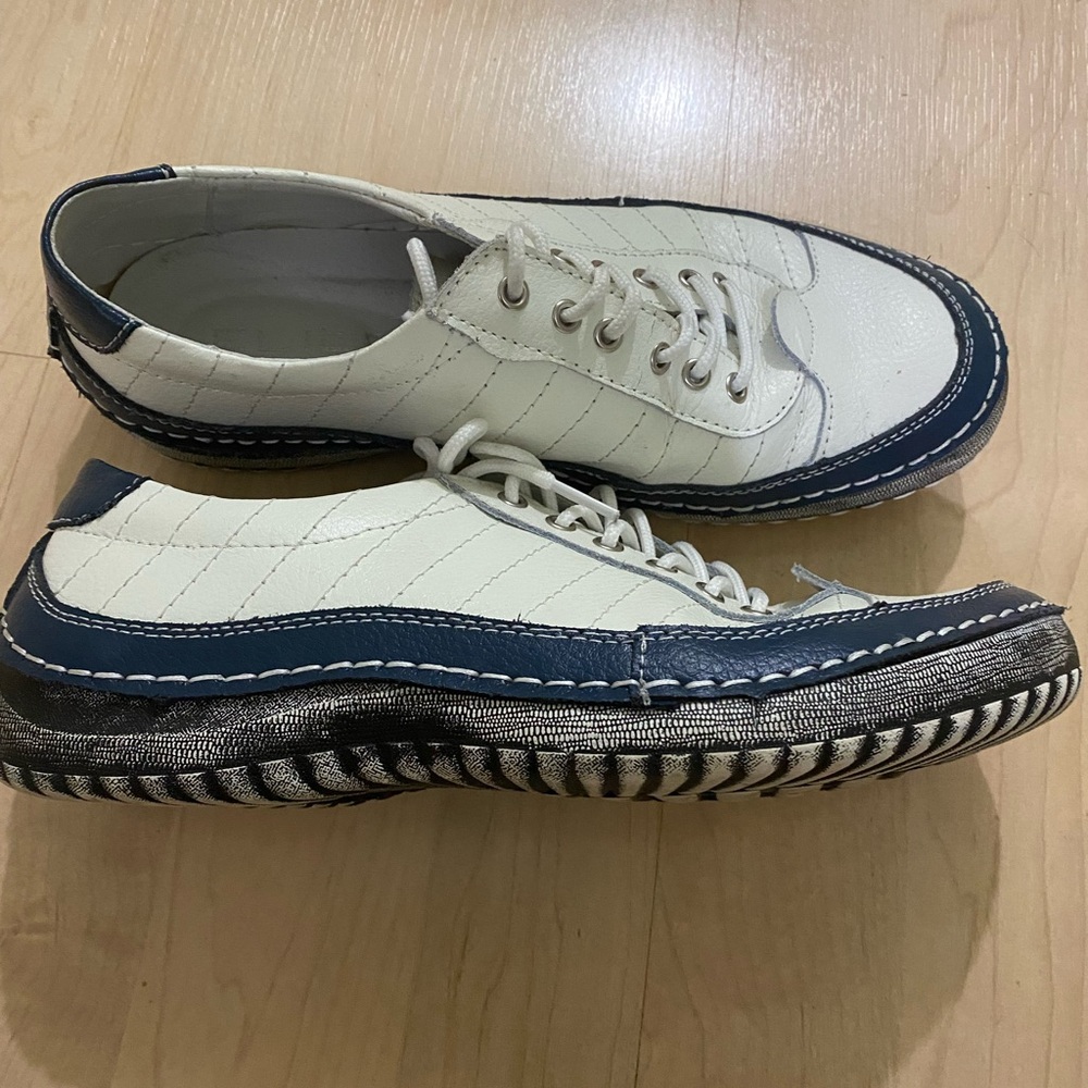 Women's White and Blue Leather Casual Sneakers Shoes size 38